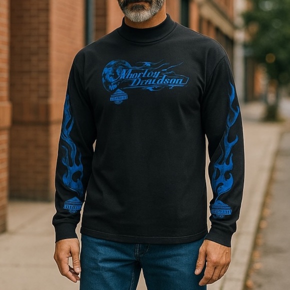 1988 Harley blue flame ロンt ヴィンテージ Harley Davidson Blue Flame Long ロンT Tシャツ 1988 Harley blue